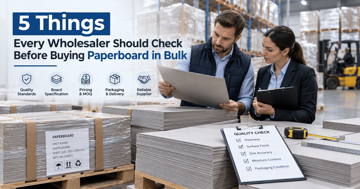 Paperboard wholesalers inspecting bulk Grey Board and Kappa Board sheets in a warehouse, checking quality, thickness, pricing and supply requirements.