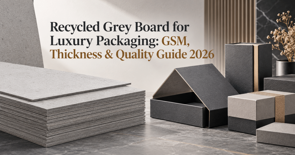 Recycled grey board sheets for luxury rigid box packaging, jewellery boxes and cosmetic packaging.