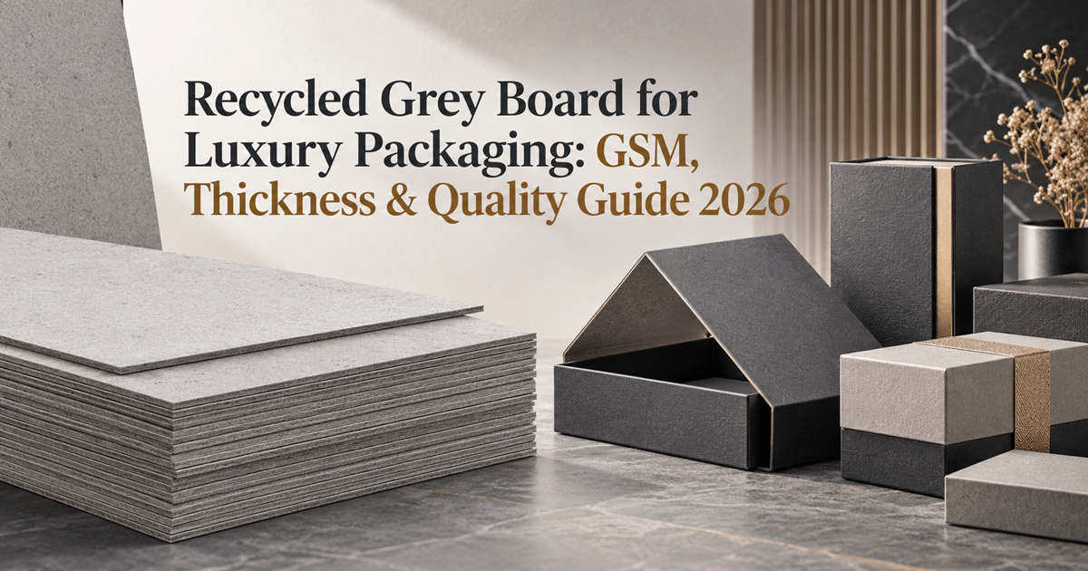 Recycled grey board sheets for luxury rigid box packaging, jewellery boxes and cosmetic packaging.